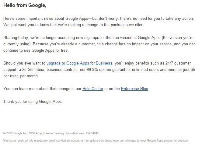 Google apps no longer free notice