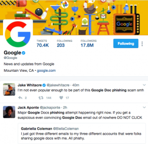 Google Doc phishing scam tweets on Twitter