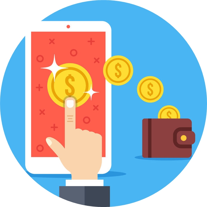 hand tapping on coin on smartphone screen, gold coins falling to wallet.