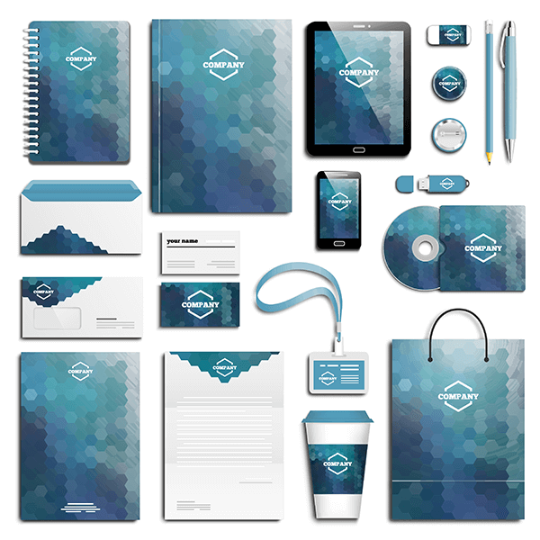 Example of consistent branding across all business products including your website, pens, documents, notebooks, etc.