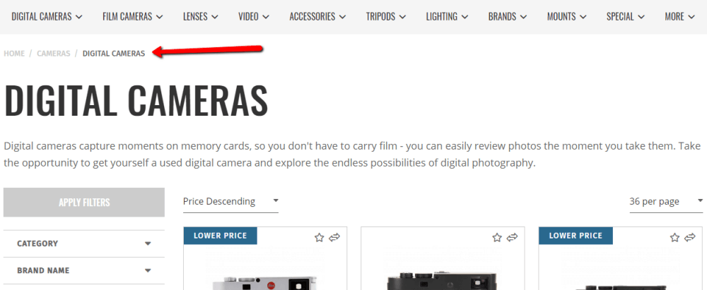 An example of an eCommerce website using the breadcrumbs feature.